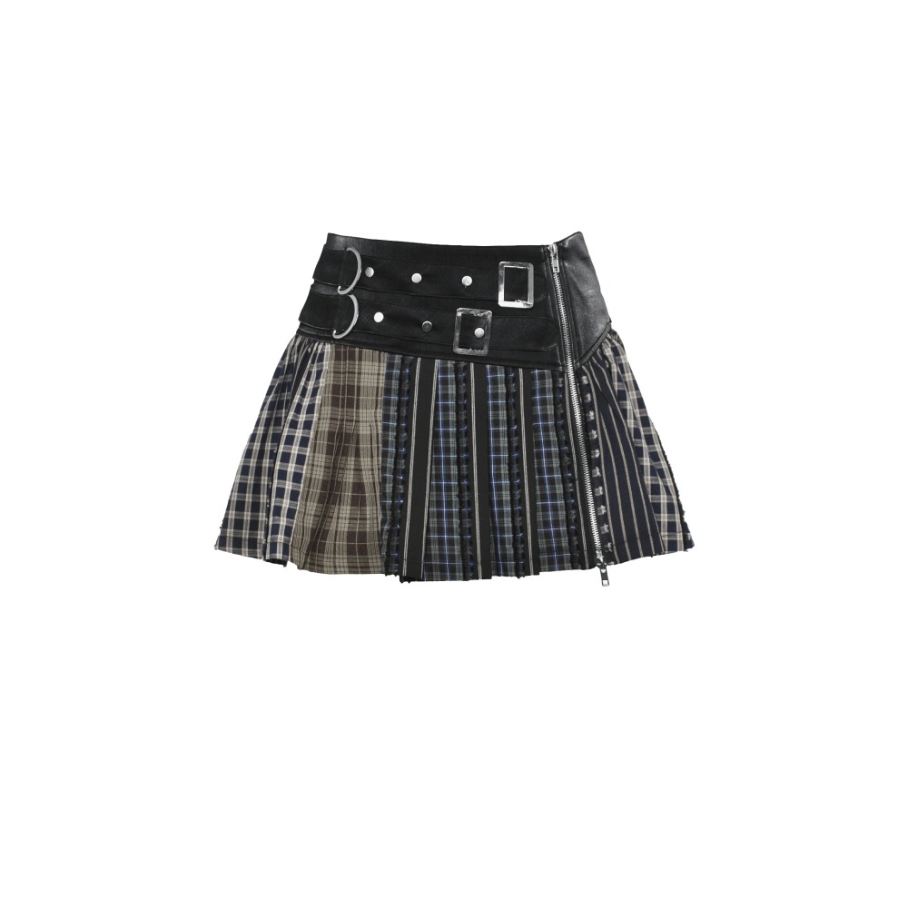 Dark in Love - Colorful Plaid Patchwork Leather-Waist Mini skirt - Black